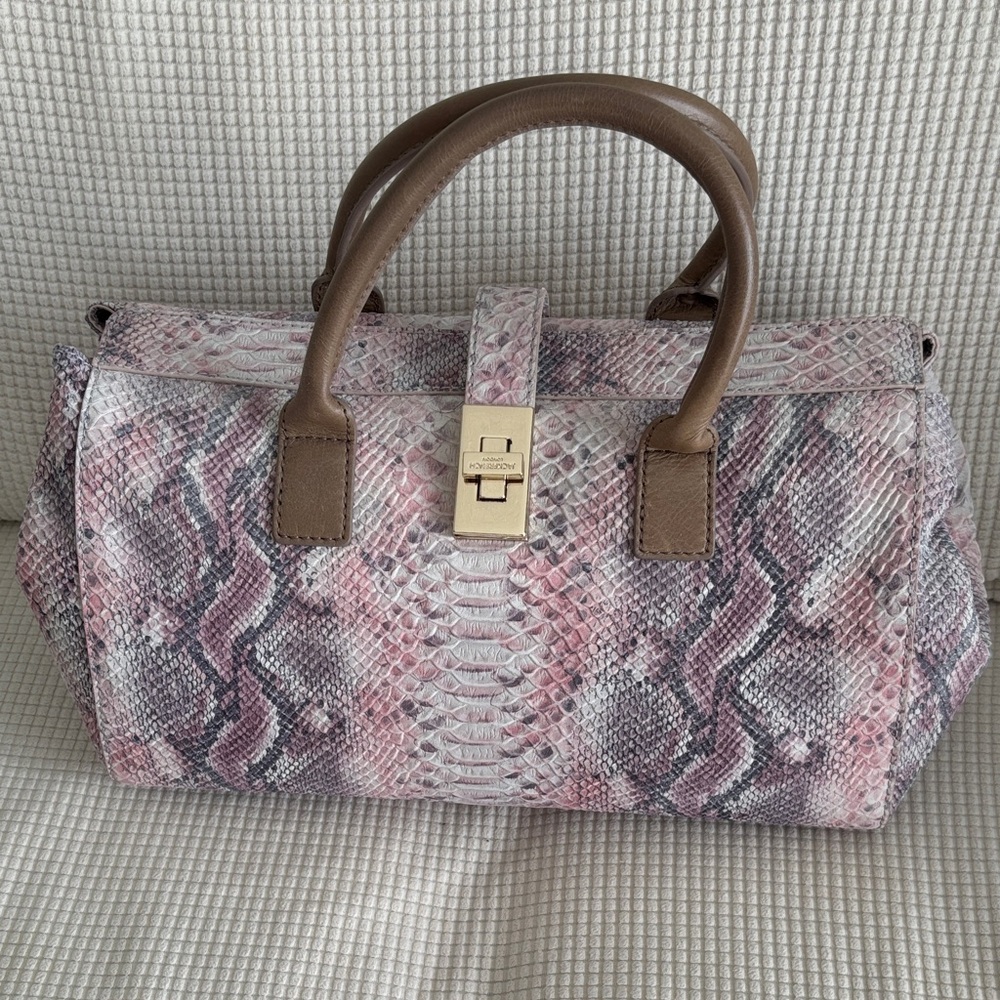 Pink/Grey Leather Python-Embossed Satchel with Taupe Handles